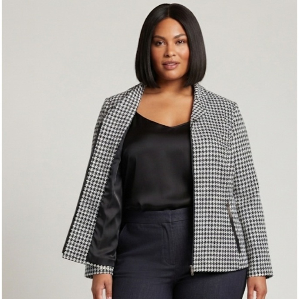 Kasper Womens Black White Houndstooth Open Front Blazer Jacket Zip Pockets Sz 14